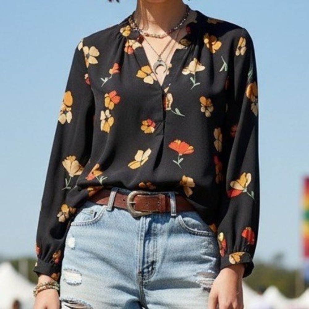 VICI Floral Long Sleeve Split Neck Blouse Small Navy Blue Orange Boho Top
